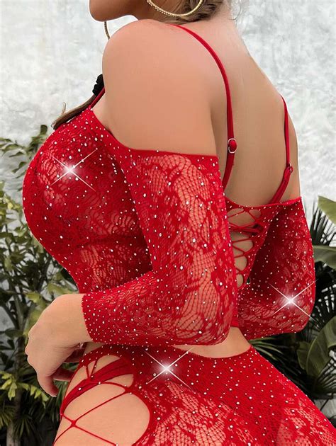 Rhinestone Studded Fishnet Bardot Lingerie Set Shein Usa