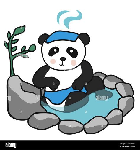 Panda Shower In Japanese Onsen Hot Spring Cartoon Vector Illustration