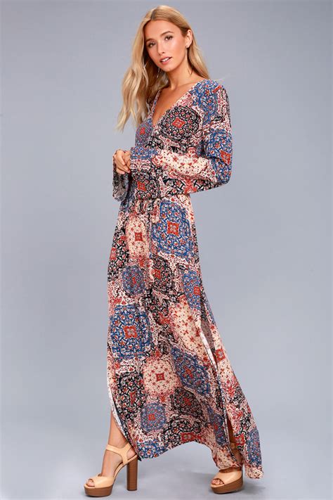 Boho Maxi Dress Print Long Sleeve Dress Belted Dress Lulus