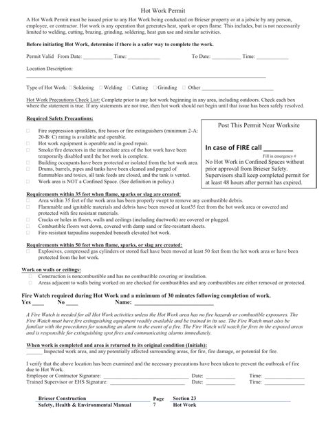 Free Printable Hot Work Permit Form Printable Templates