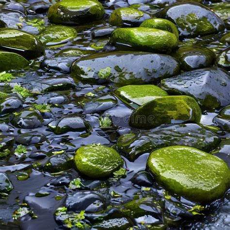 A Slippery And Slimy Texture With Wet Leaves And Algae Covered Rocks4 Generative Ai Stock