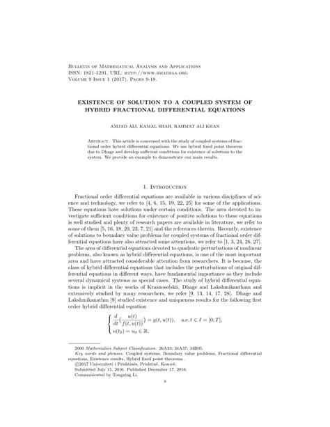 Pdf Existence Of Solution To A Coupled System Of Hybrid Fractional