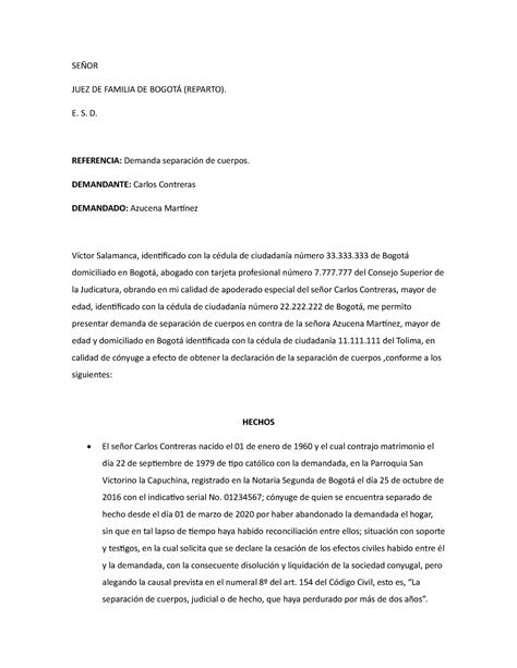 Demanda Separación De Cuerpos SeÑor Juez De Familia De BogotÁ Reparto E S D Referencia