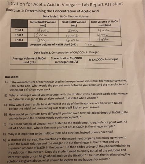 Solved Titration For Acetic Acid In Vinegar Lab Report Chegg