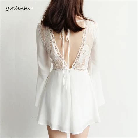 Yinlinhe White Short Beach Jumpsuit Women Rompers Sexy Backless Playsuit Long Flare Sleeve Red