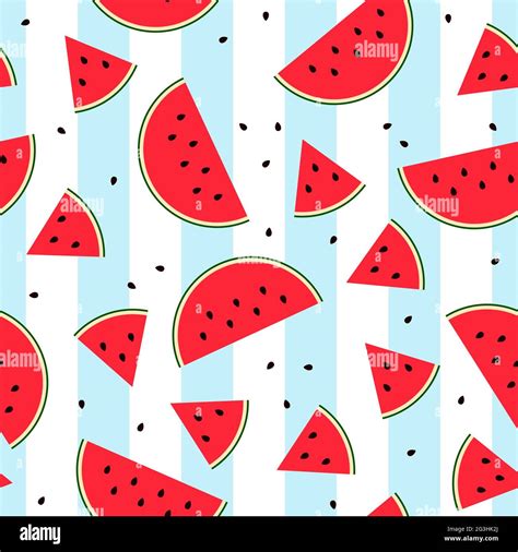 Seamless Watermelon Slice Pattern Flat Sweet Fresh Fruit On White Blue