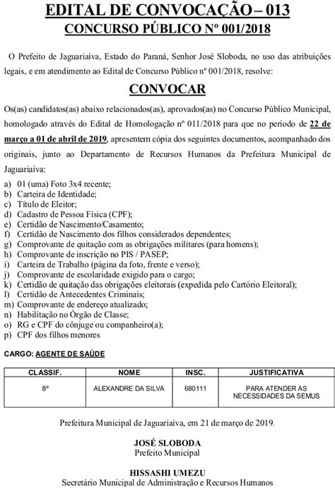 Edital De Convocação 013 Concurso Público 0012018