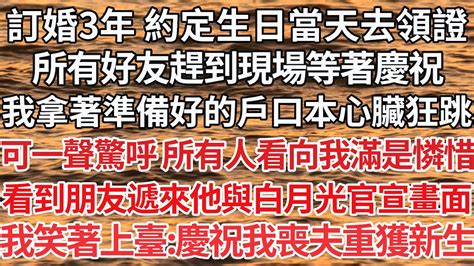 【完结】訂婚3年 約定生日當天去領證，所有好友趕到現場等著慶祝，我拿著準備好的戶口本心臟狂跳，可一聲驚呼 所有人看向我滿是憐惜，看到朋友遞來他與白月光官宣畫面，我笑上臺：慶祝我喪夫 重獲新生