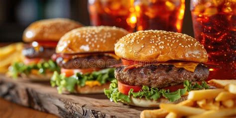 Cheeseburgers Fries And Iced Beverages Gourmet Burger Lunch Delicious