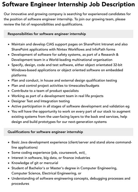 Software Engineer Internship Job Description Velvet Jobs