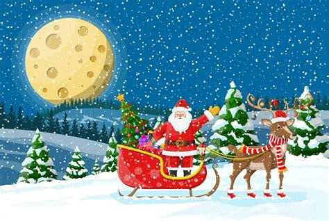 Christmas Background Santa Claus Rides Reindeer Sleigh Night Winter