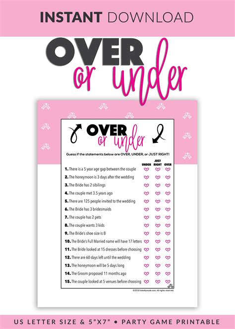 Over Or Under Quiz Printable Over Or Under Game Bridal Shower Game