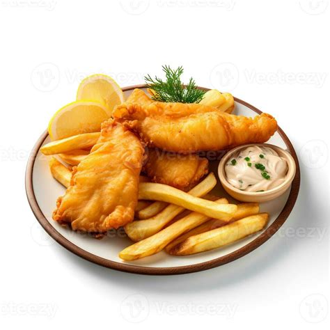 Photo Of Fish And Chips On Plate Isolated On White Background Created