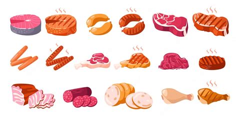 Premium Vector Cartoon Meat Products Raw Steaks Sausages And