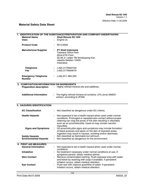 Msds Shell Rimula R2 10w 080811 Pdf Personal Protective Equipment Toxicity