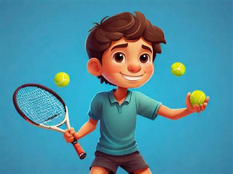 Niño de dibujos animados jugando al tenis aislado sobre un fondo azul