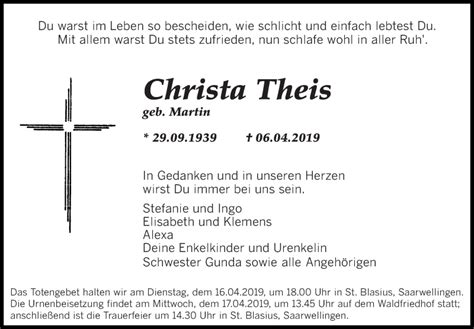 Traueranzeigen Von Christa Theis Saarbruecker Zeitung Trauer De