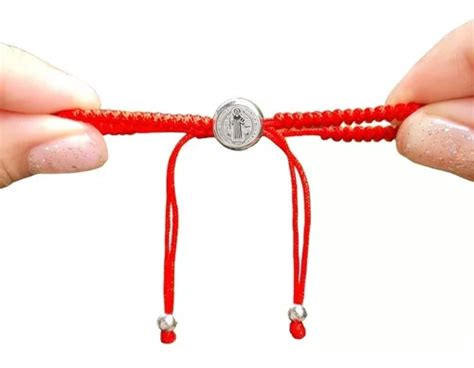 Pulsera Tejida Hilo Rojo San Benito Acero Inoxidable Plata Meses Sin