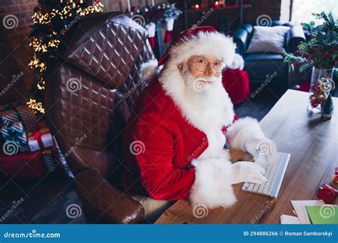 Photo Of Smart Busy Santa Claus Dressed Red Costume Communicating