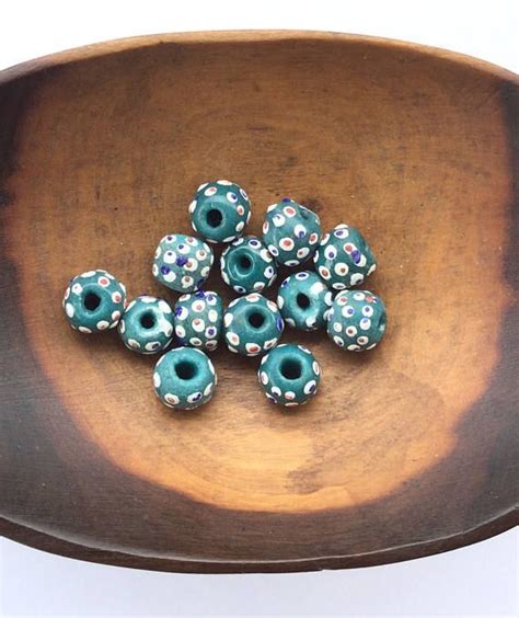 13 Pcs Aqua Green African Ghana Recycled Glass Handmade Beads African