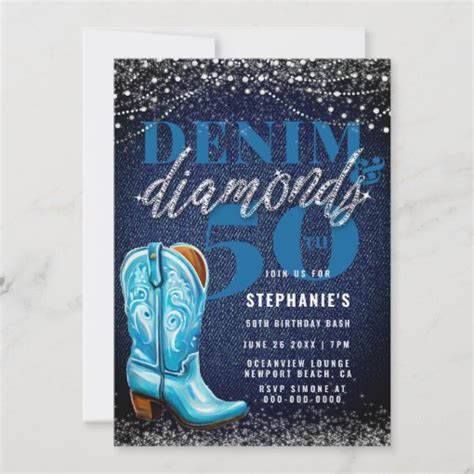 Denim Diamonds Cowgirl Boot Rustic Th Birthday Invitation Zazzle