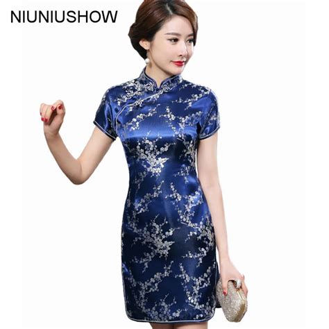 Vestido clásico chino tradicional azul marino de satén Mini Qipao