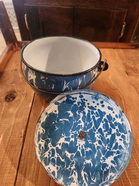 Vintage Antique Enamelware Granit Blue White Swirl Bowl With Etsy