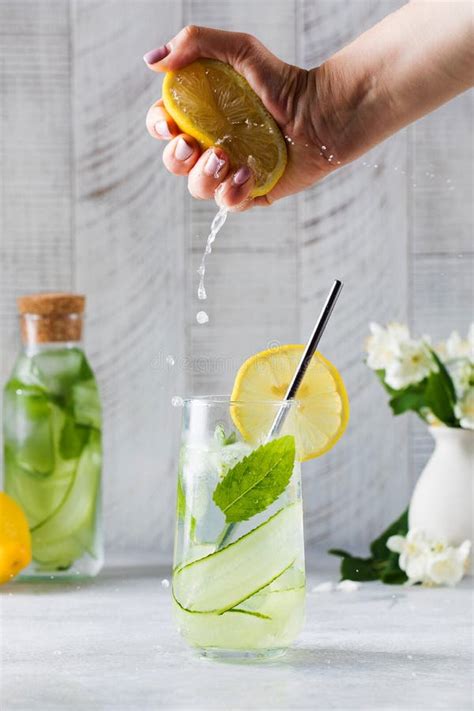 Detox Water With Cucumber Mint And Lemon Juice Cucumber Water Stock