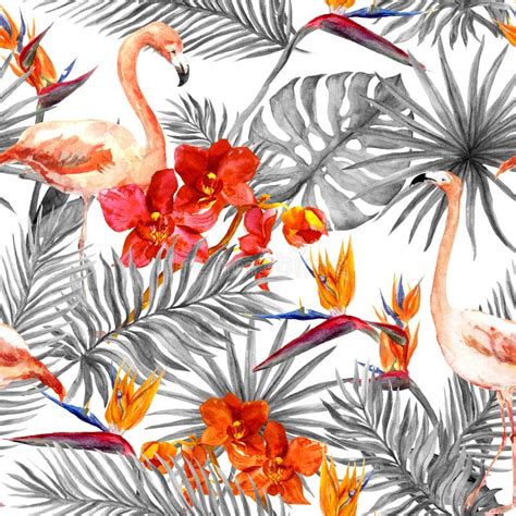 Flamingo Tropical Leaves Exotic Flowers Seamless Black White