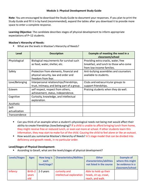 D094 D307 M1 Study Guide 1 Module 1 Physical Development Study Guide