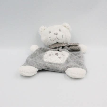 Doudou Plat Ours Blanc Gris Toiles Tex Nicotoy