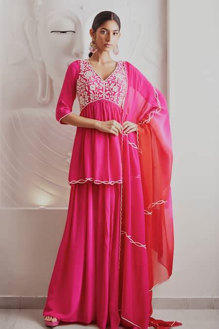 Buy Fuchsia Kurta And Palazzo Crepe Hand Embroidered Cutdana V Neck