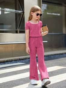 SHEIN Tween Girl Solid Color Casual Knitwear 2pcs/Set, Square Neck T ...