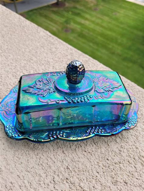 Iridescent Vintage Antique Blue Carnival Glass Butter Dish Etsy