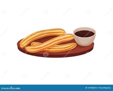 Traditional Spanish Dessert Churros On A Wooden Tray Vector