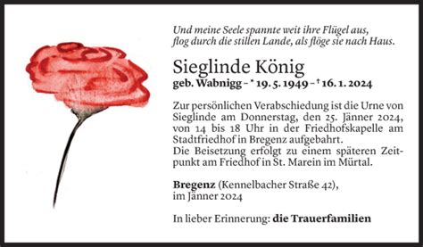 Todesanzeigen von Sieglinde König Todesanzeigen Vorarlberger Nachrichten