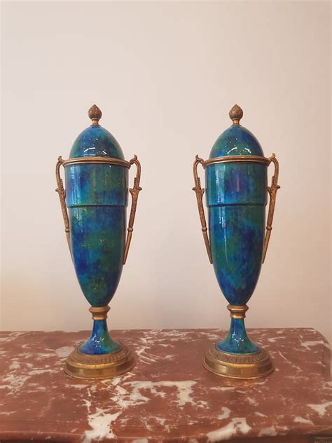 Pair of Art Deco Blue Ceramic and Bronze Vases Paul Milet for Sèvres