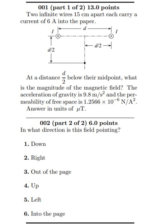 Solved 001 Part 1 Of 2 13 0 Points Two Infinite Wires 15 Chegg