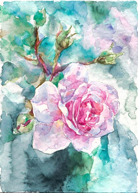 Hand Drawn Watercolor Pink Rose On Blue Background By Mantiska