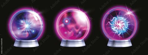 Magic Crystal Ball Vector Set Witch Fortune Sphere Glass Energy Purple Globe 3d Neon Light