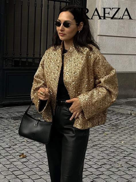 Trafza Veste Courte Paillettes Dor Es Pour Femme Manteau Tendance