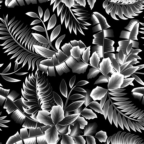 Seamless Tropical Pattern With Monochromatic Plants Leaves And Foliage On Dark Background