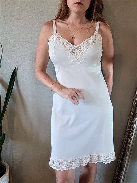 60s 70s Off White Lace Trim Slip Dress By Opalaire Lace Slip Lace