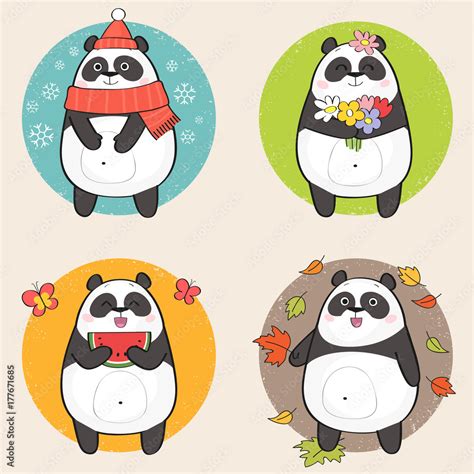 Cute Cartoon Panda Bear Character And The Four Seasons Winter Spring