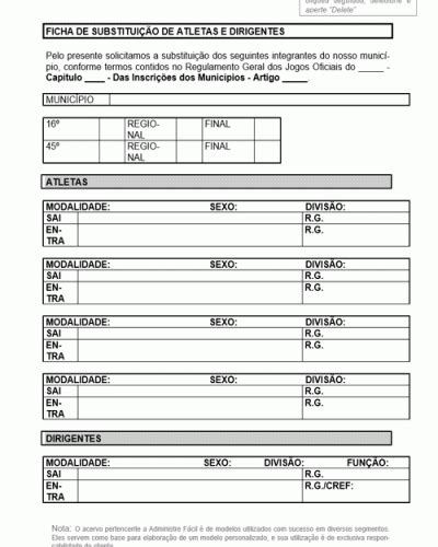 Refer Ncia De Ficha De Substitui O De Atletas E Dirigentes Modelo