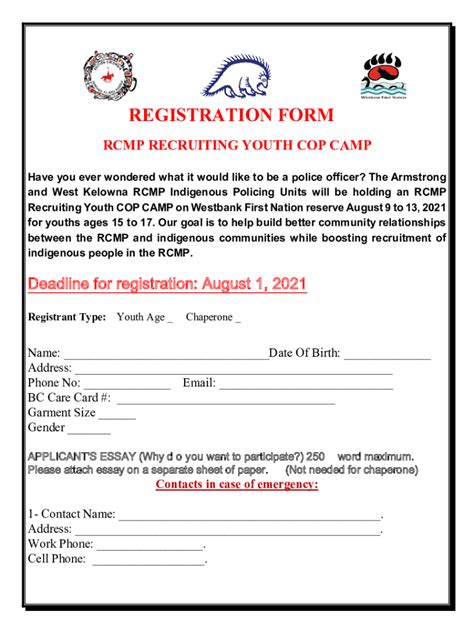 Fillable Online Registration Form Rcmp Recruiting Youth Cop Camp Fax