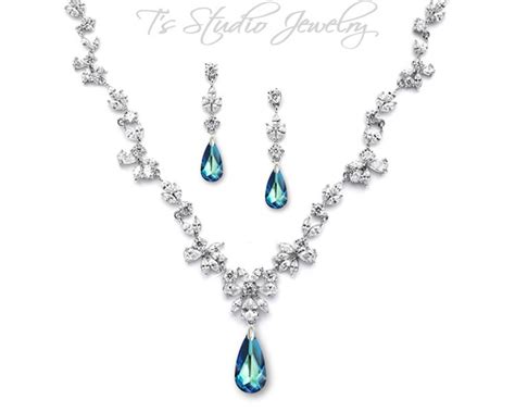 Bridal Cz Cubic Zirconia And Blue Crystal Wedding Necklace And Etsy