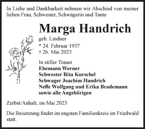 Traueranzeigen Von Marga Handrich Abschied Nehmen De