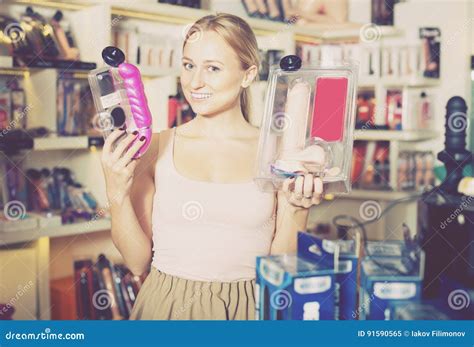 Smiling Young Woman Buying Sex Toys In Store Stock Image Image Of