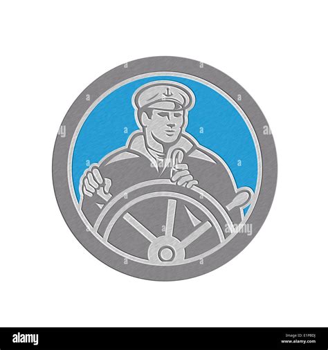 Metallic Styled Illustration Of A Fisherman Sea Captain At The Wheel